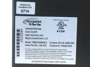 Clear-Com TMB22509INCC Tempest 900 4-Channel 900MHz Wireless Intercom Base Station w/ (5) Wireless BeltStation Transceivers, & (1) Battery Charing System