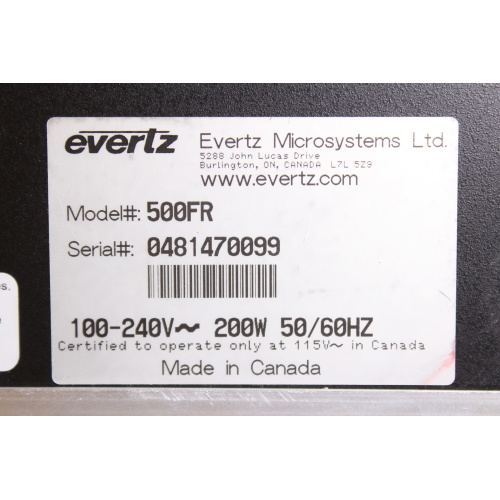 Evertz 500FR Exponent High Density Distribution Frame (Possible Broken Fan and Cosmetic Damage) label